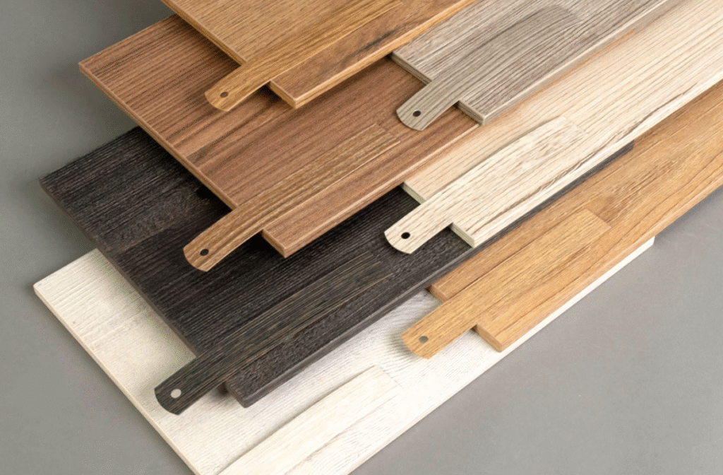 Wood grain edge banding samples in various finishes