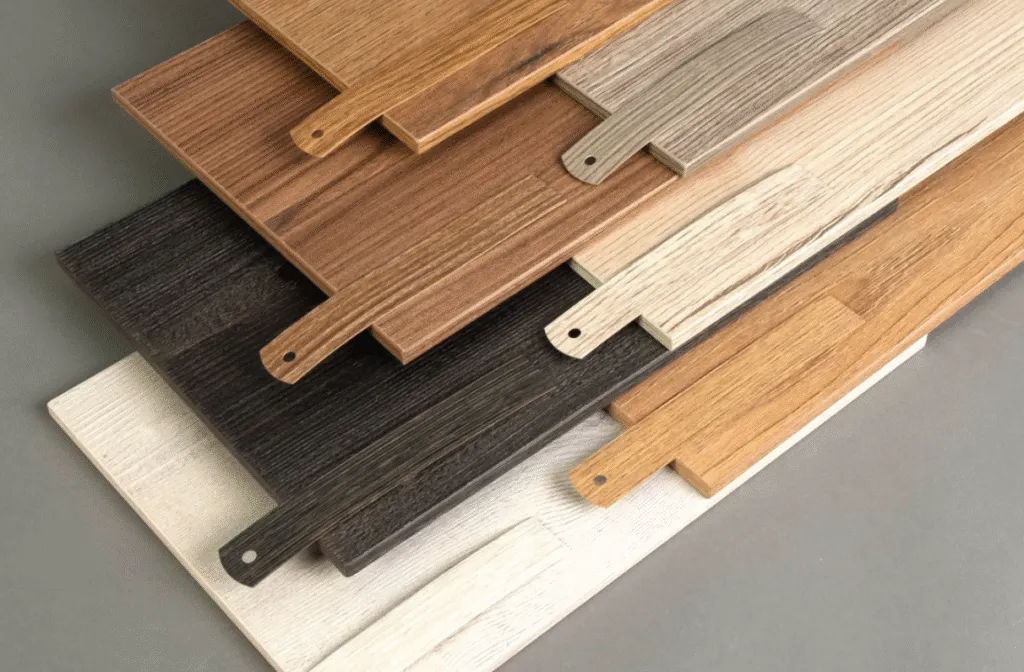 Wood grain edge banding samples in various finishes