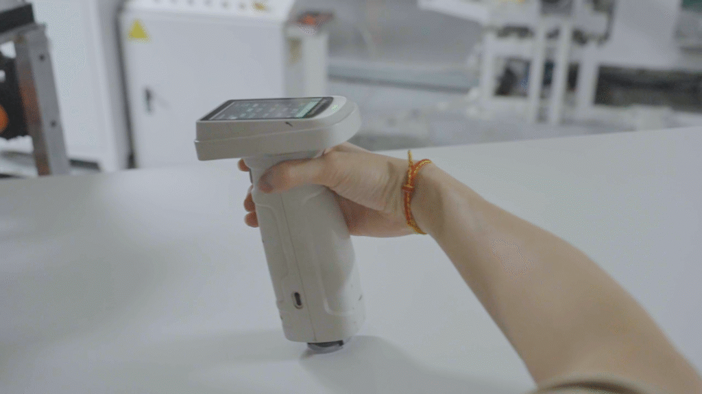 Technician inspecting edge banding roll thickness and consistency