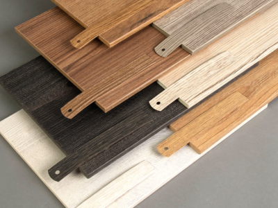 Wood grain edge banding samples in various finishes